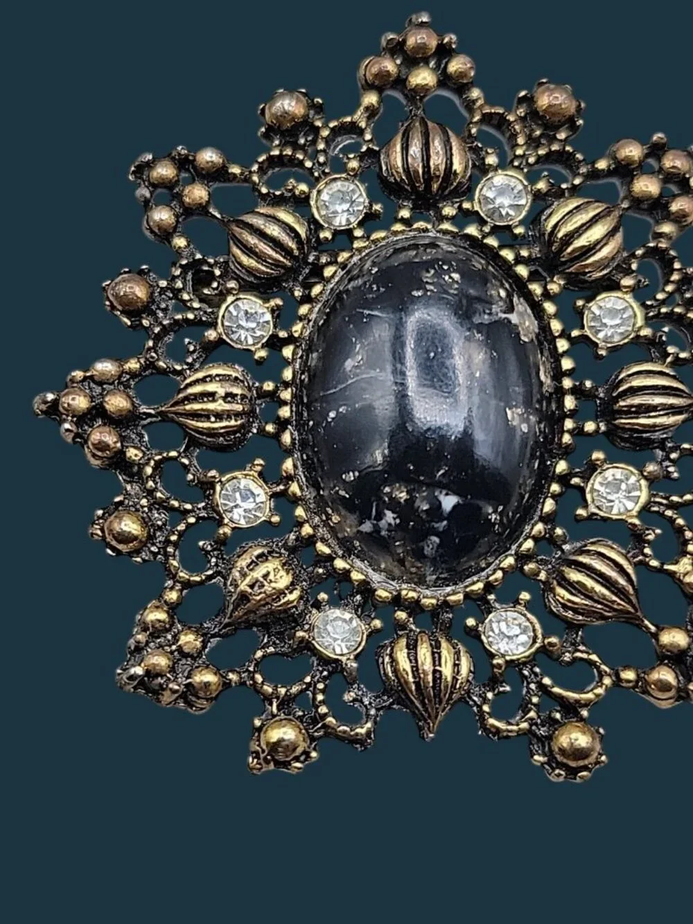 Vintage Victorian Revival Black Cabochon Starburst Brooch Pin Gold Tone Filigree